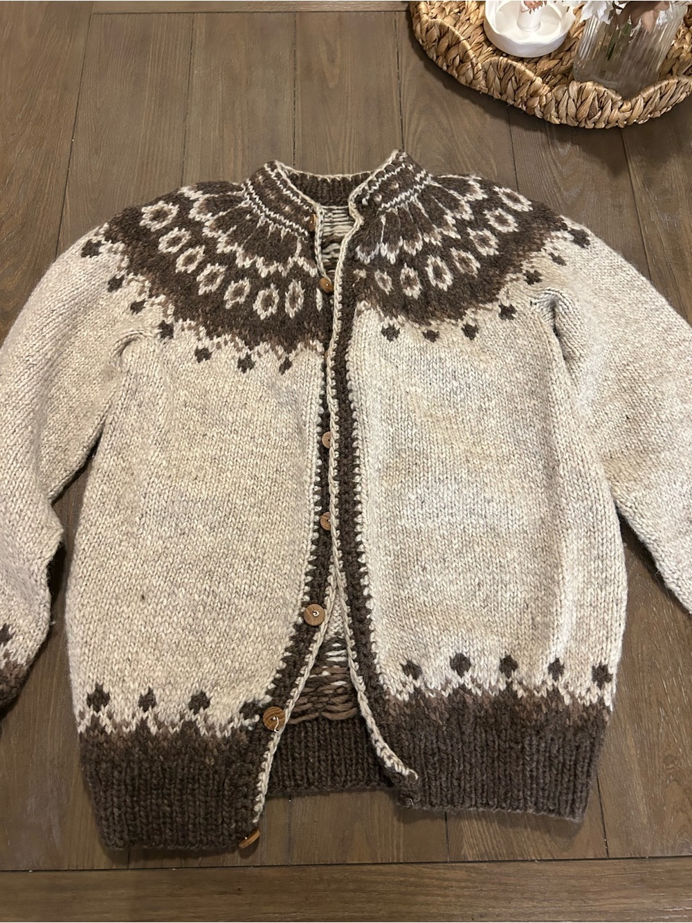 Cream and Brown Nordic-Style Women's Cardigan Sweater